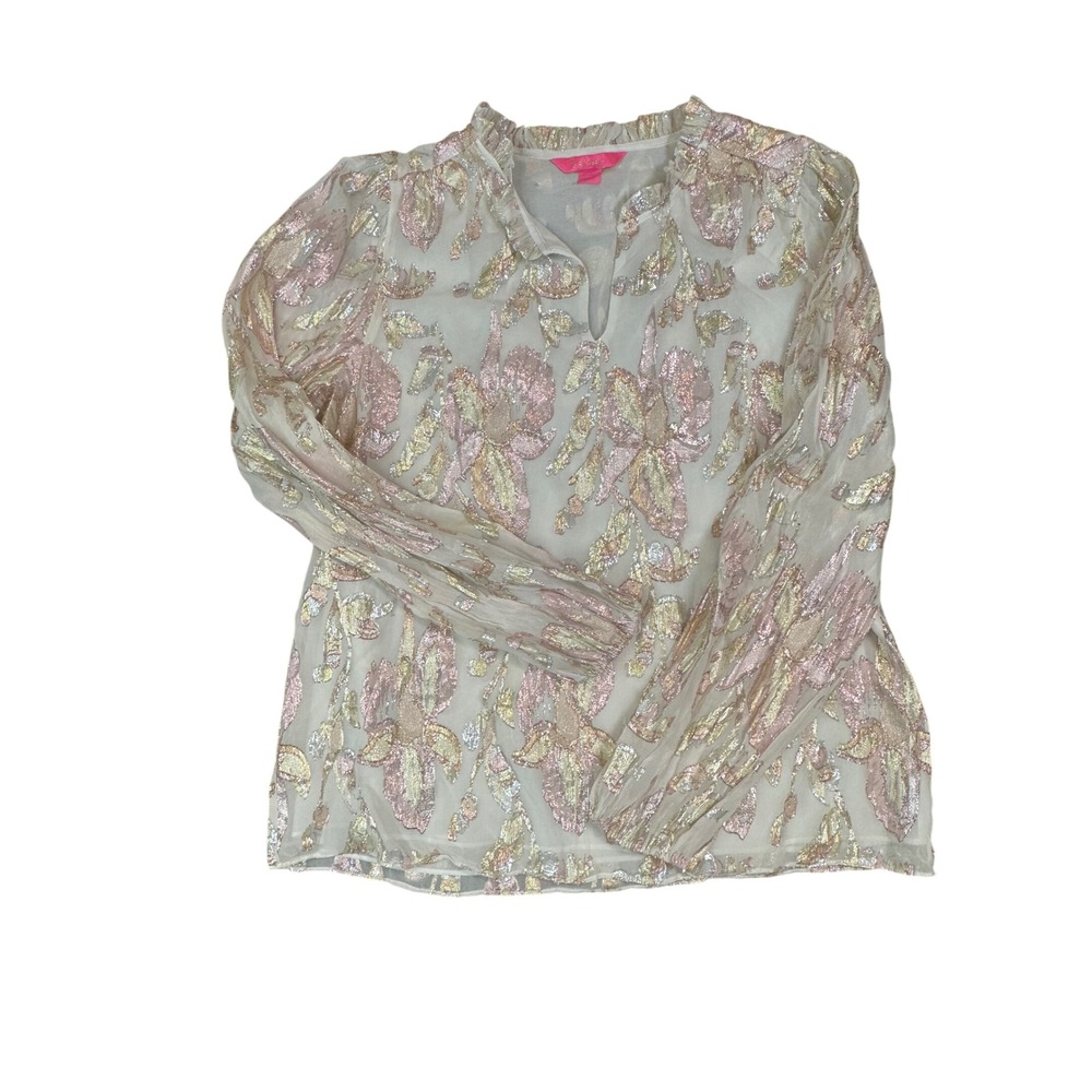 Lilly Pulitzer Silk Metallic Floral Jacquard Ruffle Blouse Pink Gold Medium